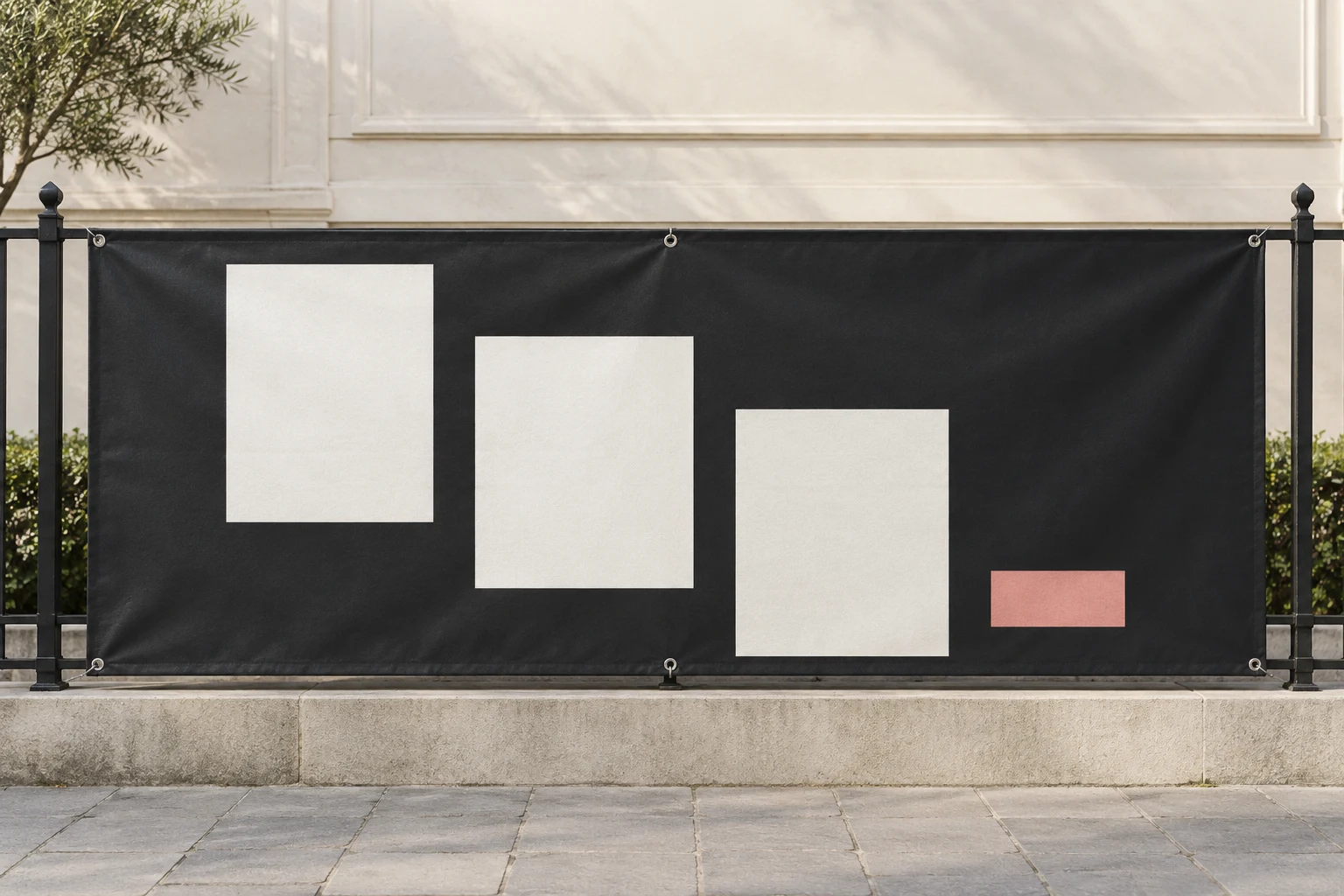 Illustrative outdoor fabric banner with cream and coral shapes on a charcoal ground