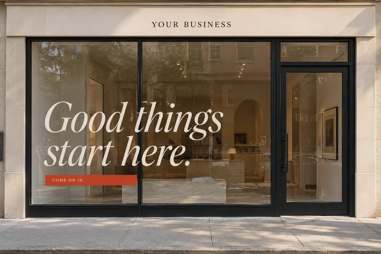 Illustrative storefront mock-up with cream window lettering and a red accent