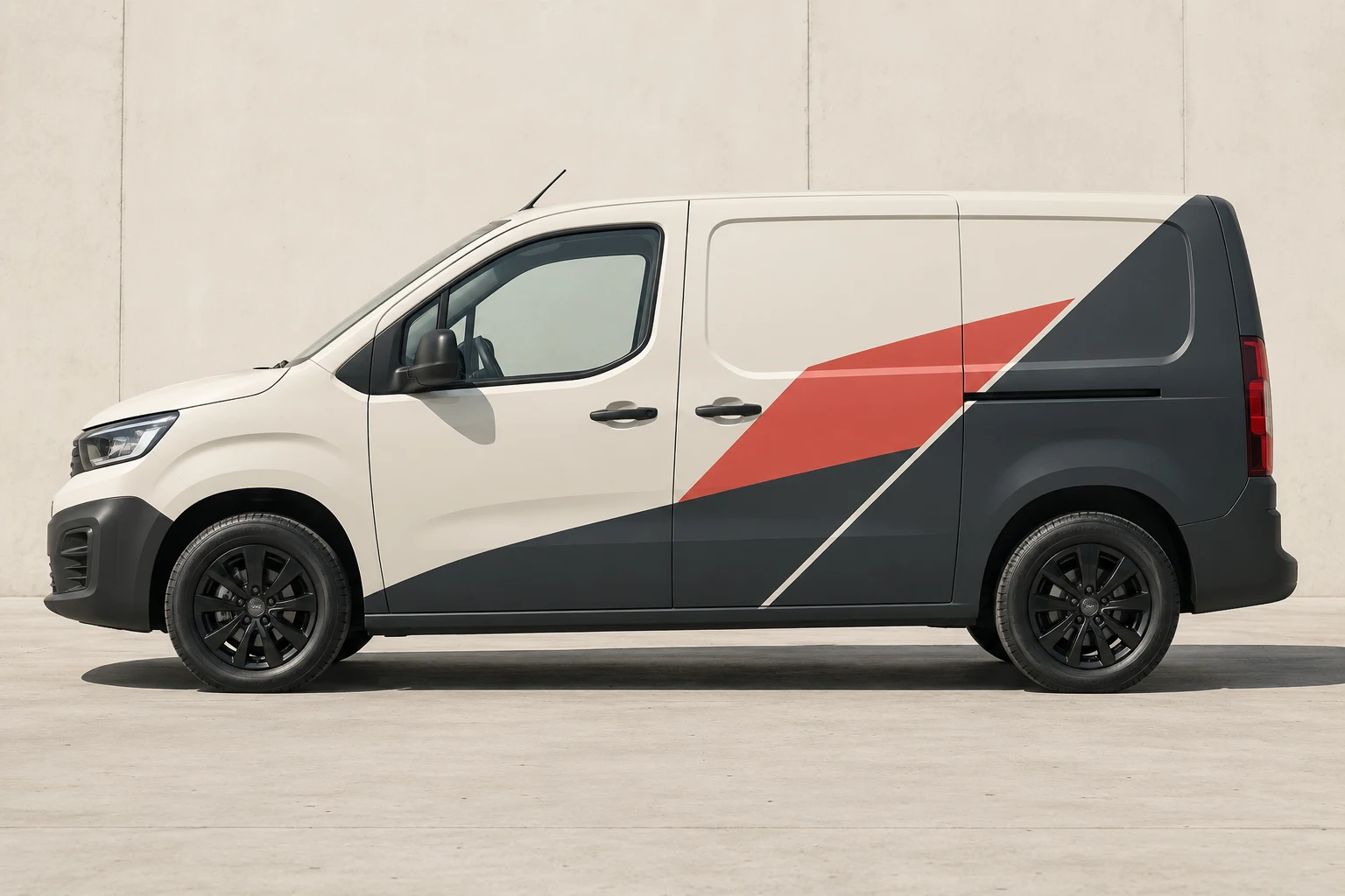 Illustrative cream delivery van with charcoal and coral geometric wrap graphics